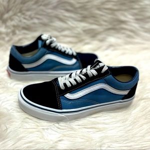 Vans Old Skool Classic Tie Up Black and Blue Sz 7 Men, Sz 8 Women’s